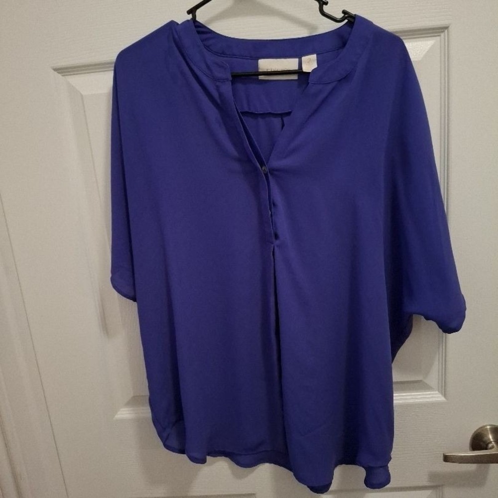 Chico's Large Blue Purple V-Neck‎ Button Relaxed Fit Everyday Band Collar Blouse